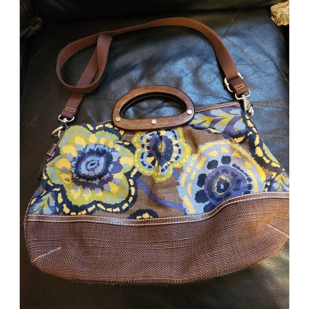 Fossil Floral Canvas and Brown Leather-Trim Shoulder Bag - Yellow & Blue